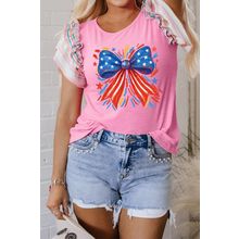 Bonbon Independence Celebration Bowknot Graphic Ruffled Sleeve Ribbed Summer Top