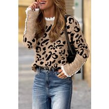 Brown Leopard Pattern Lace Ribbed Detail Button Cuffed Sweater