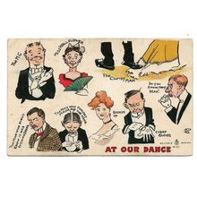Postcard "At our dance" cartoon humour characters at Edwardian party posted 1907