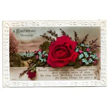 Postcard UK greetings A Birthday Message red rose & other flowers embossed edge