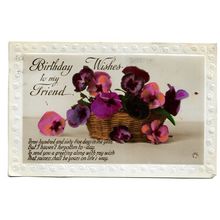 Postcard UK greetings Birthday Wishes to my Friend pink & purple flowers 1927