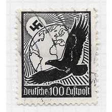 REICH GERMANY 1934 AIRMAIL GOLDEN EAGLE WORLD GLOBE SWASTIKA 100Pf USED Mi 537