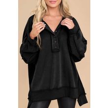 Black Oversized Exposed Seam Henley Sweatshirt
