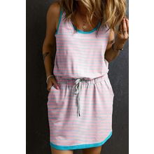 Pink Stripe Contrast Trim Pocketed Casual Tank Dress