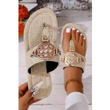 Beige Metal Décor Leather Thong Slippers
