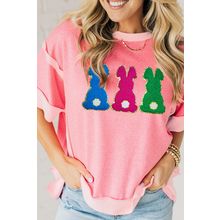 Peach Blossom Contrast Patchwork Detail Chenille Bunny Patched Easter Graphic Te