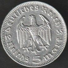 1935 D Germany 5 Reichsmark Silver Coin Hindenburg