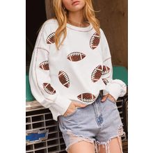 White Sequin Rugby Football Pattern Exposed Seam Game Day Sweatshirt