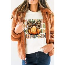White PUMPKIN Season Leopard Bow Print Crew Neck T Shirt