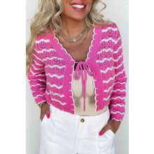 Pink Stripe Crochet Scalloped Trim Lace-up Front Cropped Cardigan