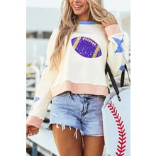 Beige Sequin Rugby Graphic Starry Patched Contrast Trim Game Day Sweatshirt