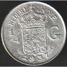 1937 Netherlands East Indies 1 Quarter Gulden Silver Coin
