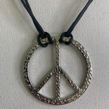 Peace Sign Necklace Corded Strand Metal Silver Tone Black Adjustable Cord Chain