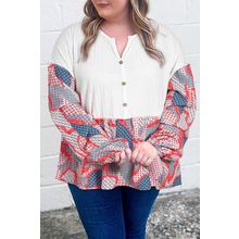 Apricot Plus Size Printed Patchwork Textured Buttoned Blouse