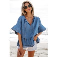 Dusk Blue Denim Ruffled Sleeve Lace up Front Peplum Top