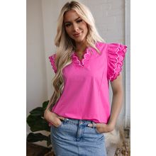 Bright Pink Contrast Scallop Trim Layered Short Sleeve V Neck Blouse