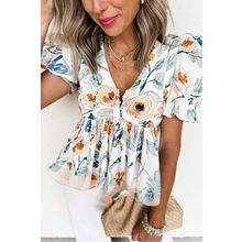 Green Floral Print Puff Sleeve V Neck Babydoll Blouse