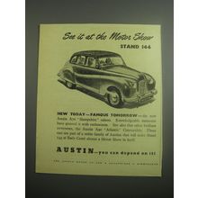 1948 Austin A70 Hampshire Saloon Car Ad - See it at the motor show stand 144
