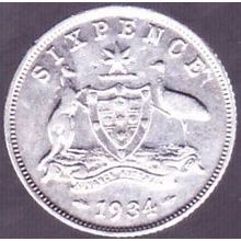 1934 Australia 1 Sixpence coin