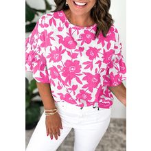 Pink Floral Printed Ruffled Short Sleeve Round Neck Loose Blouse