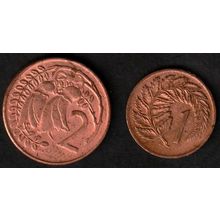 New Zealand One and Two Cent Coins 1969 2c 1970 1c NZ Fern QE II