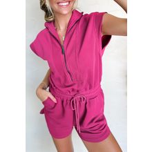 Rose Red Textured Short Sleeve Half Zip Drawstring Waist Romper