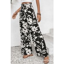 Black Floral Print Smocked High Waist Wide Leg Pants