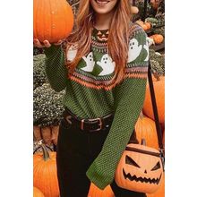 Jungle Green Halloween Ghost Pattern Drop Shoulder Sweater