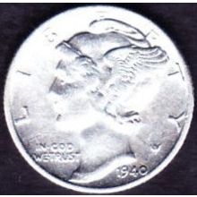 1940 USA 10 Cents Silver Coin Mercury