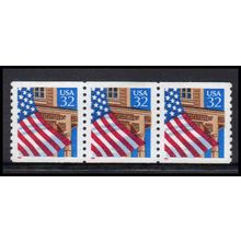 2913v 32c U.S. Flag Over Porch Very Fine MNH LGGStrip of 3 PA3474
