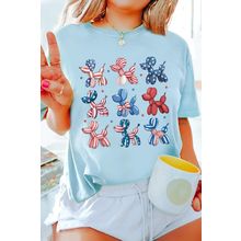 Light Blue American Flag Balloon Dogs Print Crew Neck T Shirt