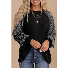 Black Contrast Print Striped Raglan Long Sleeve Loose Top