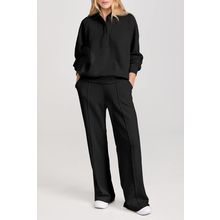 Black Solid Collared Sweatshirt and High Waist Pants Active Set