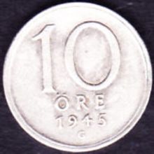 1945 Sweden 10 Ore Silver Coin