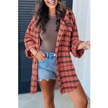 Red Plaid Long Sleeeve Side Split Distressed Hem Shirt