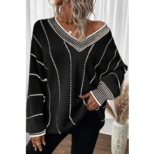 Black Colorblock Striped V Neck Knitted Loose Sweater