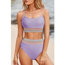 Orchid Petal Striped Patchwork Spaghetti Strap High Waist Bikini Swimsuit