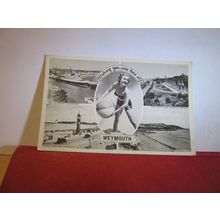 multiview, WEYMOUTH, DORSET used vintage postcard 1955 pm girl with beach ball =