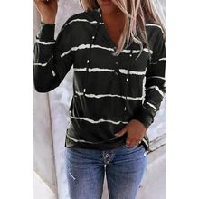 Black Striped Drawstring Button Long Sleeve Hoodie