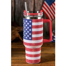 Red Rhinestone American Flag Print Handled 40oz Thermos Tumbler