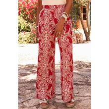 Red Paisley Printed Buttoned High Waist Straight Leg Pants