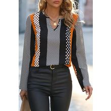 Orange Geo Print Colorblock Notched V Neck Blouse