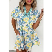 Blue Floral Striped Trim Puff Short Sleeve Dress
