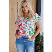 Green Contrast Leopard Print V Neck Short Sleeve Blouse