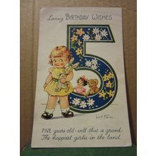 BIRTHDAY, 5 years old by Kit Fores .. unused vintage postcard by Regent