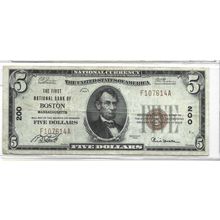 1929 The First National Bank of Boston $5.00 Bill Bank #200 VF