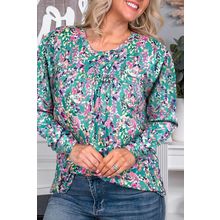Green Floral Pleated Round Neck Long Sleeve Blouse