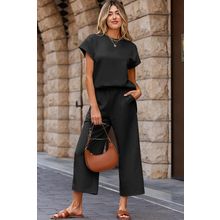 Black Solid Color Textured Short Sleeve Top and Casual Pants Set