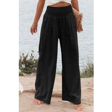 Black Shirred High Waist Plus Size Wide Leg Pants