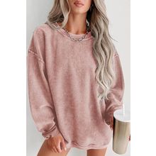 Pink Solid Ribbed Knit Round Neck Pullover Sweatshirt